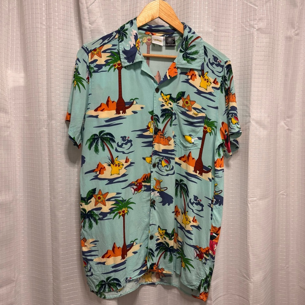POKEMON Hawaiian Shirt Button Up Short Sleeve Aloha Tiki Tropical Collar Men S
